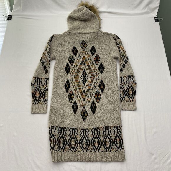 Northern Angel Cardigan Sweater Duster Womens Small Tan Aztec Hooded Fur Trim - Picture 2 of 11